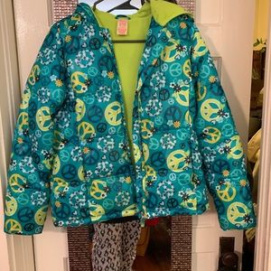 Girls coat teal with line green inside pockets and hood size XLarge 14/16